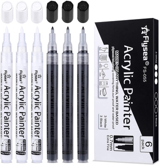 6pcs/Pack Black White Acrylic Paint Markers Pens for Rock Painting Wood, Metal, Stone, Ceramic, Glass, Graffiti, Paper, Drawing Water-based