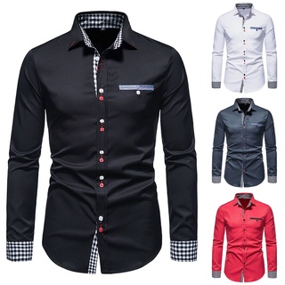 Fashion Men's Shirt Solid Autumn And Winter Casual Stitching Plaid Long-sleeved Lapel Shirt Fit Man