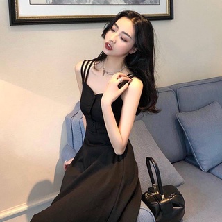 [Cash Commodity and Quick Delivery]2021Summer New Black Fashion Temperament Slim Slimming Dress Sexy Suspender Dress Long off-Shoulder Dress