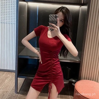 【24h shipping】 Korean Style New Split Lace-up Slim Fit Slimming Drawstring Slit Sheath SkirtaWord Skirt Women'sVCollar Short-Sleeve Dress