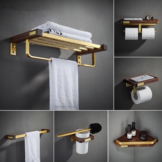 Bathroom Accessories Set Toilet Brush Holder Corner Shelf Paper Holder Towel Holder Hooks Wood Gold Bathroom Hardware Set