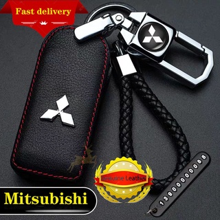 Mitsubishi Genuine Leather Car Key cover key Holder Leather Remote Fob Case Alloy Metal Keyring Keychain