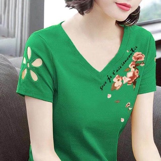 Ruidiandian Short-Sleeved T-shirt Women's New Summer Slim-Fit Large-Size Hollow V-neck Korean-Style