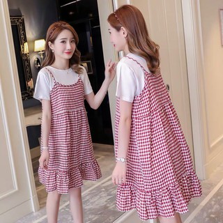 HX Fashion #70172 Korean Maternity Dress Short Sleeve Checkered Dress Casual Dress With White Shirt