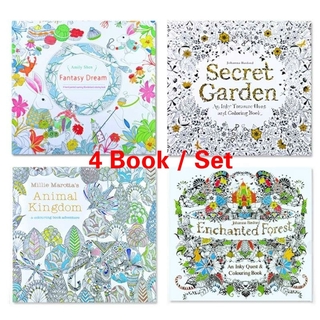 New 4pcs Sets Creative Children Painting Adult English Version An Inky Treasure Hunt Coloring Painting Book（Fantasy Dream + Enchanted Forest + Animal Kingdom + Secret Garden）