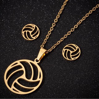 Men's and women's sports series stainless steel volleyball clavicle chain earrings three-piece jewel (1)