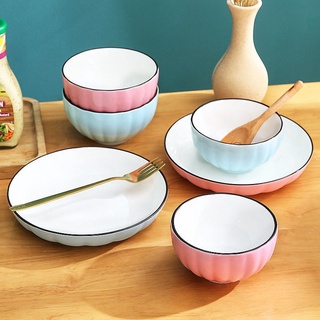 ▨Household Dishes Set Creative Ceramic Bowl Plate Japanese Noodle Soup Bowl Eating Bowl Pumpkin Bowl