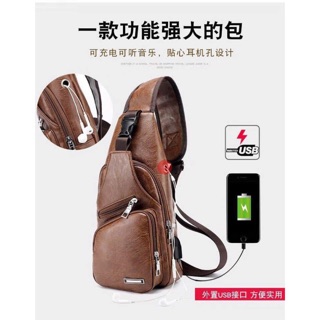 Men shoulder chest Bag USB charing pu Leather Zipper fashion for mobile phone