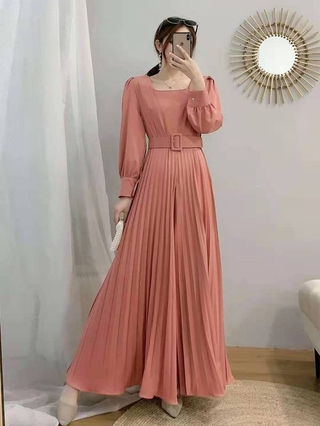 Korea Foreign Style Elegant Thin Square Collar High Waist Women Jumpsuits Solid Color Commute Length Pleated Union Suit With Belt