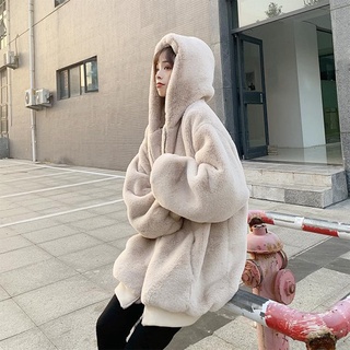 Korean Version Loose Plush Jacket Women Winter Imitation Rex Rabbit Fur Mid-Length 2021 New Style Thickened Hooded Coat Girls Fluffy Large