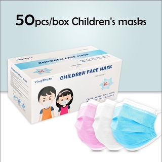 Real stock 50pcs Children's Face Mask Protection 3-Layer Blue Pink White (1)