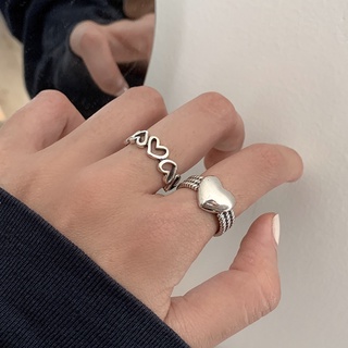 ring set Silver Love hollow ring female retro cold wind peach heart index finger ring student open ring tide
