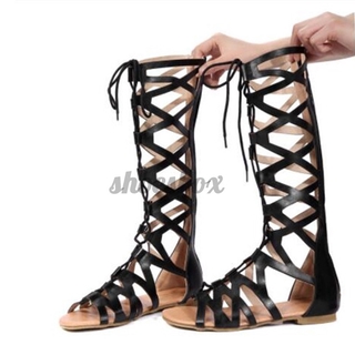 Nis Women Gladiator Sandal Knee High Lace Up Hollow Out Flat Strappy Beach Shoes