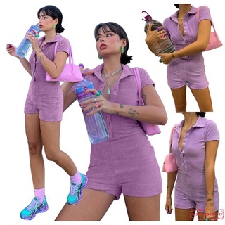 ◑FZ✩Women Casual Solid Color Playsuit Turn-Down Collar Short Sleeve Short Jumpsuit Summer Button-Down Rompers