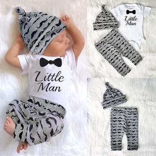 3 Pieces Infant Newborn Baby Boy Outfits Clothes Set Print Letter Little Man Rompers+Pants+Hats Baby Jumpsuit Set 0-18M u6NZ
