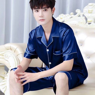 ❁◑﹍Ice silk pajamas men s spring and summer short-sleeved thin section youth silk couple home servic