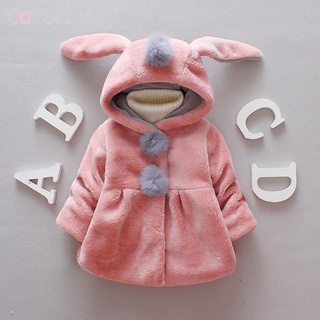 Cute Fur Rabbit Design Baby Girl Winter Coat Long Sleeve Solid Hoodie