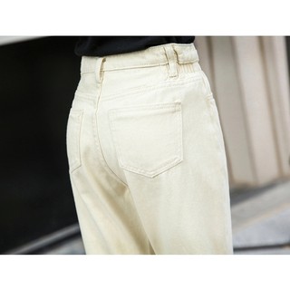 Girls Fashion Elastic Waist Boyfriend Jeans Beige MOMJEANS Slimer High waist women's trousers (9)