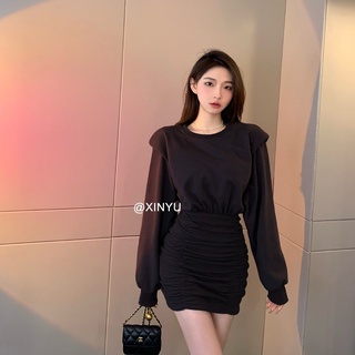Sweater Dress Women's Fitted Waist Pleated Internet Hot New Covering Belly Thin Long-Sleeved Women's Korean-Style Loose Hip Skirt