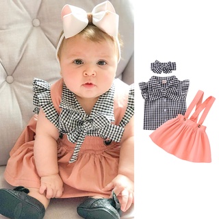 Toddler Baby Girl Fashion Suit Plaid Shirt + Suspender Skirt + Headband Children Clothing
