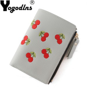 Yogodlns Women Cute Cherry Embroidery Short Small Purse Zipper Card Holder Wallet