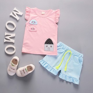 Children Clothing Girls Printing Lace Vest + Lace Shorts