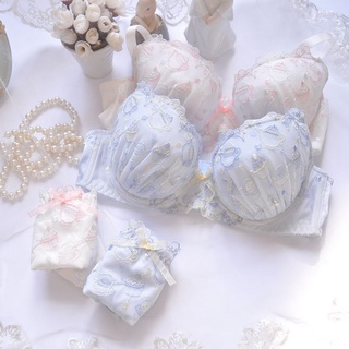 White Blue Embroidery Thin Cups Cute Gathered Sexy Underwear Set Bra Set