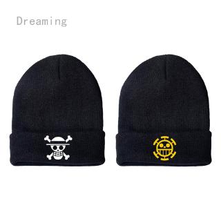 []Japan Anime One Piece Skullies Luffy Winter Hat Embroidery Knitted Beanie Cap