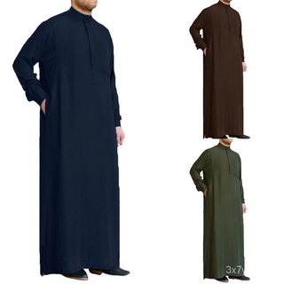 ▽♙▤Mens Long Sleeve Loose Arab Thobe Islamic Solid Kaftan Shirts