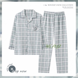 MLAYZ Men's Cotton Pajamas Spring and Autumn Cardigan Lapel Can Be Worn outside Plaid Homewear Two-Piece Suit