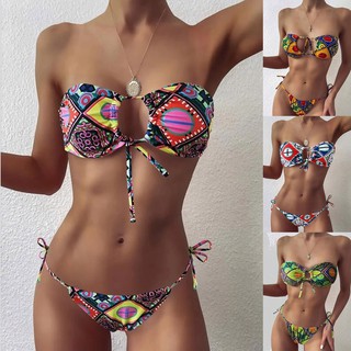 Women Sexy Boho Style Geometric Print Bandeau Tie Side Swimsuit BIkini Beachwear New StyleSize Ter
