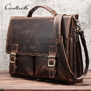 CONTACT'S Men Briefcase Bag Crazy Horse Leather Shoulder Messenger Bags Famous Brand Business Office
