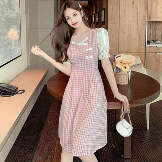 Women's cheongsam dress, small fresh square collar, bubble sleeves, long plaid waist, thin short sleeve dress, female summer