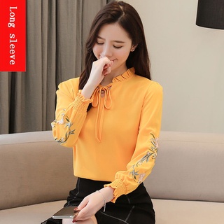 Women Korean Chiffon Blouse Long Sleeve Loose Embroidery Top Bow Shirts