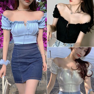 Tops for women sexy off shoulder bubble sleeve top with wooden ear edge Crop Top smocked top knitted short sleeve top (1)