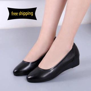 Soft leather wedge work shoes women's black leather shoes comfortable professional single shoes shallow mouth flat bottom work shoes soft bottom mother shoes