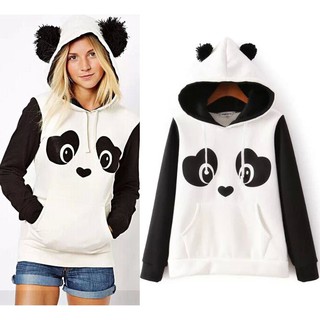 women hoodie shirt Cute panda print fleece black white hit color