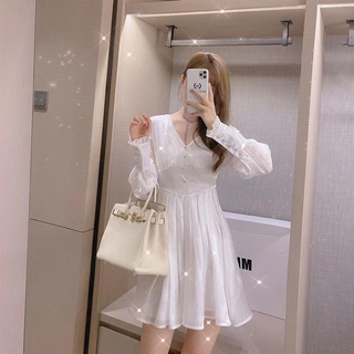 Gentle White MoonlightVCollar Dress New European and American Style Court Retro