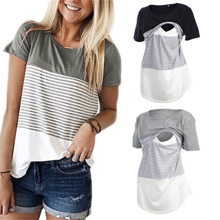 Women Maternity Breastfeeding Tee Nursing Tops Striped Short Sleeve T-shirt Plus Size S-2XL Maternit