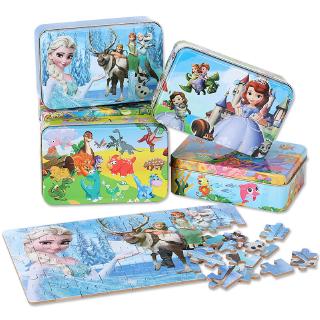HOT SALE 60 Pieces Wooden Jigsaw Puzzle Tin Box Frozen 2 Kids Children Educational Kindergarten Toy Children's Day Gift Early Learning Frozen Ice Snow Princess Sophia Racing Marvel Puzzle