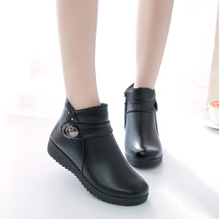 ✨Spot✨Kitchen Work Shoes Women's Full Black Leather Work Shoes Fleece-Lined Warm Waterproof Non-Slip and Oilproof Soft Bottom Restaurant and Restaurant