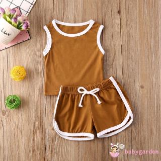 ღ♛ღUnisex Baby Summer Clothing Set Round Neck Sleeveless Tank Tops + Elastic Waist Drawstring Shorts Casual Clothes (2)