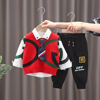 Ready Stock Children s clothing boys spring sweater vest suit 2021 new children s Korean three-piece suit handsome baby spring and autumn clothing trend