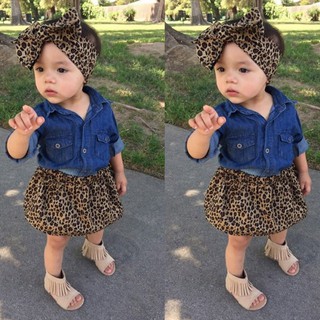 Summer Cute Baby Girls 3PCS Set Denim Tops+Leopard Culotte Skirt Outfits