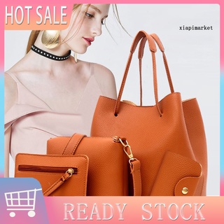 ML_ 4Pcs Women Fashion Solid Color Soft Faux Leather Shoulder Bag Handbag Purse Set