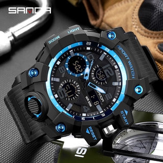【Sanda Official】Men Watch Sports Waterproof Watch Digital Luminous Quartz Fashion Luxury LED Outdoor Dual Display Military Multi-function Alarm Clock Men's Watch