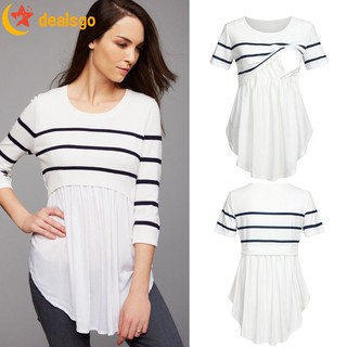 【Ready Stock】◈Women Mom Pregnant Nursing Baby Maternity Short Sleeved Striped Blouse Clothes