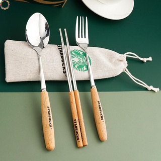 Starbucks 304 stainless steel tableware set chopsticks spoon fork outdoor riding portable