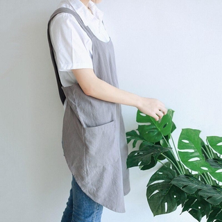 Women Cotton Linen Cross Back Apron Japanese Housework Kitchen Cooking Double Pocket Apron Florist Working Apron
