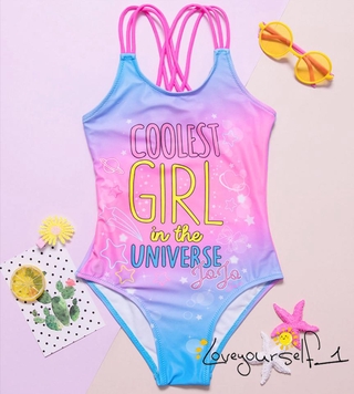 Loveq-Kids Girls Fashion Letter Print Gradient One-piece Swimsuit Stylish Sleeveless One-piece Swimsuit